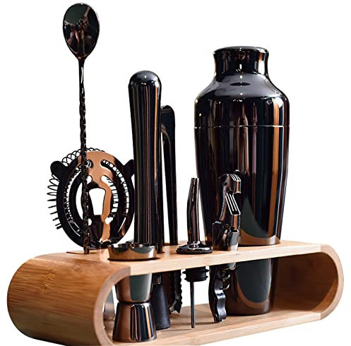 LTLWSH Coctelera para Cócteles, Set de Coctelera De 10 Piezas Juego De Herramientas De Barra De Acero Inoxidable Juego De Bartender con Soporte De Exhibición De Madera
