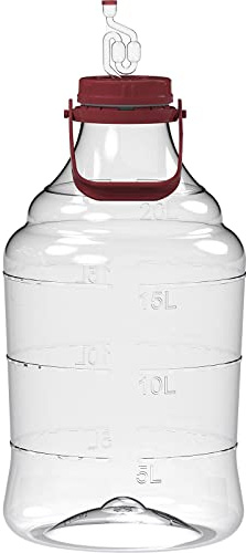 Browin 644320 Garrafa de plástico irrompible para vino y cerveza con tapón de rosca 20 L, tubo de fermentación y asa de transporte, boca ancha, tapón de rosca, tubo de fermentación, escala de medición