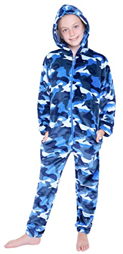 CityComfort Pijama Niño Invierno, Pijama Entero Niño de Forro Polar, Pijama de Una Pieza Suave, Regalos para Niños y Adolescentes Gamer Camuflaje 7-14 Años (Azul Camuflaje, 9-10 años)