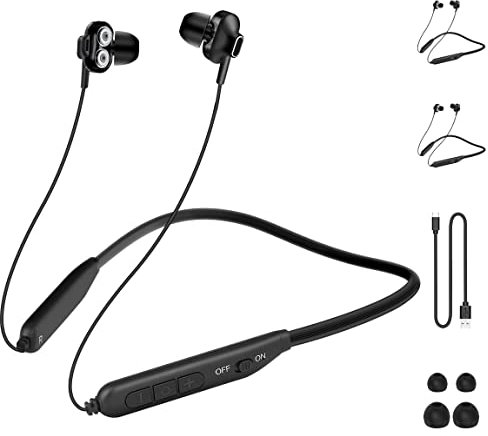 MAS CARNEY [Pack of 2] Wireless Bluetooth in-Ear Earphones BI2，Neckband Magnetic Headphones with Microphone Dual Drivers for Phone Call Music Running Sports Gym, Black