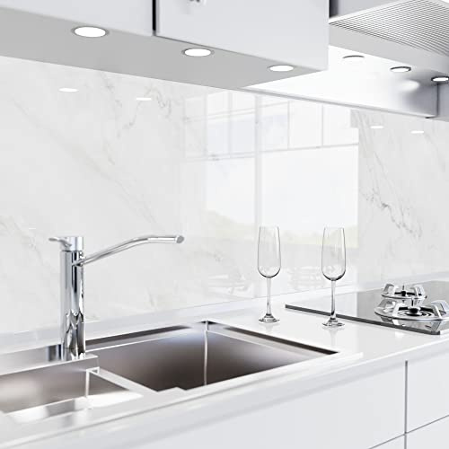 danario Crédence Adhésive pour Cuisine I Panneau Mural décoratif Autocollant | Protège Mur Cuisine | Décoration Aspect Verre | 0,80 mm | Blanc marbré - 60cm x 280cm