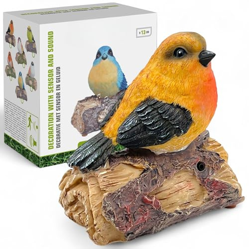 MIJOMA Dekovogel auf AST mit Vogelgesang & Bewegungssensor, Gelb-Orange | Handbemaltes Polyresin, Batteriebetrieb, Ein-/Ausschalter, 13 cm, für Sideboard, Fensterbank & Büro