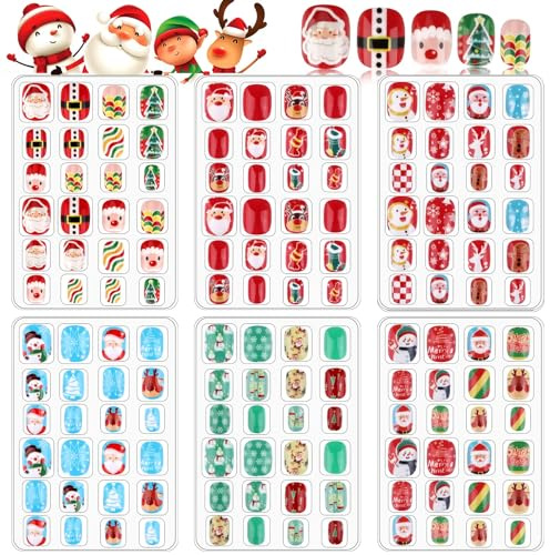EBANKU 6 pièces Noël Enfants Faux Ongles avec Autocollants Adhésifs | Couverture ère Noël Bonhomme De Neige Arbre De Complète Ongles Mignons pour Filles DIY Nail Art Décoration -B