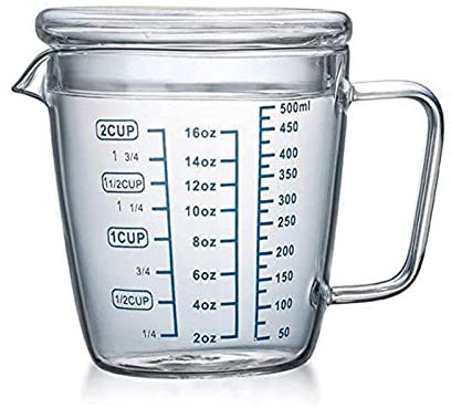 TOMYEUS Vaso Medidor Cristal, 500 ml, Resistente al Calor, Apto para Microondas, Escala en ml, oz, Cup Transparente