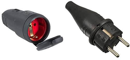 as - Schwabe Gummi-Kupplung, Schutzkontakt Kupplung mit Schutzkappe, Leitungen bis max. 2,5mm² für den Außenbereich, 230V, 16A, IP44, Schwarz, 60415 & Gummi-Stecker, 230V, 16A, Schwarz,60411