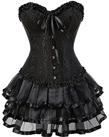 Grebrafan Overbust Embroidered Corset with Multi Layer Skirt XS Black