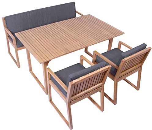 vanvilla Gartenmöbel Set Holz Sitzgruppe Gartenmöbelset Garnitur Terrasse Möbel Sitzgarnitur 1 Tisch 1 Bank (3-Sitzer) 2 Sessel Auflage DUNKELGRAU