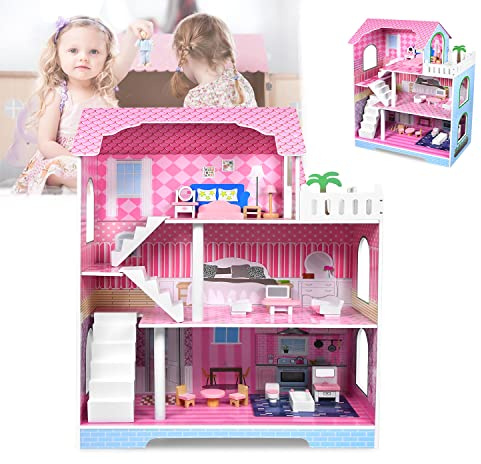 YARDIN Puppenhaus aus Holz, Puppenhaus mit Möbel und Zubehör, Puppen Haus Spielzeug, Holzpuppenhaus 70×30×70cm 3 Etagen Dollhouse für Mädchen, Kinder
