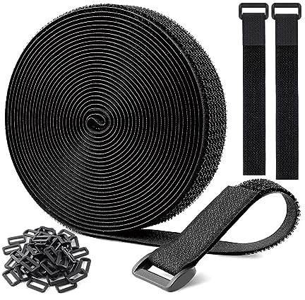 10M Adjustable Cable Straps with 50 Buckles, Reusable Fastening Cable Ties 0.8 in/2cm Wide, Nylon Hook and Loop Securing Strap (Black)