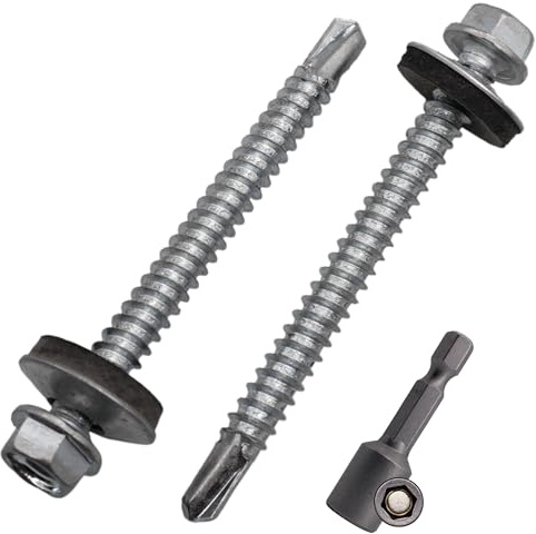 SKIR'CO (75 st) Förzinkade takskruvar 5,5 x 60 mm, sexkantshuvud, DIN 7504-K Självborrande skruvar med EPDM tätningsbrickor