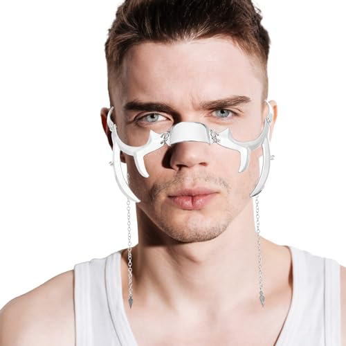 NICENEEDED Masque Mécanique Punk, Masque Facial en Métal Irrégulier avec Pompons, Masque de Mascarade Cyberpunk Cyborg, Demi-Masque Gothique à Vapeur
