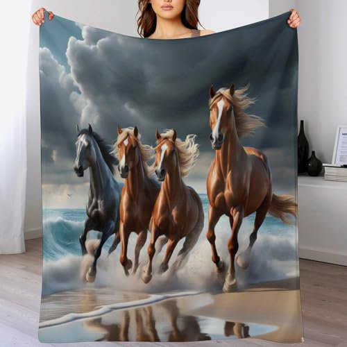 Pferd Decke,Vier Jahreszeiten Weich Wohndecke Decke Schlafdecke Sofadecke Plüschdecke Pelzdecke Printdesign Couchdecke Flannel Bett Decke（180×200cm）
