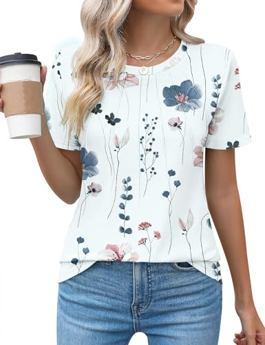 Rapbin Womens Casual Crew Neck Short Sleeve Pleated Tops Blouses Fashion Clothes 2026,White Floral,L