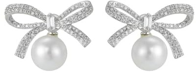 Bow Pearl Stud Earrings for Women Gilrs 925 Sterling Silver Post Pin Crystal Rhinestones Dangle Earrings Fashion Bowknot Statement Hypoallergenic Piercing Earrings Luxury Valentine's Jewelry (Silver)