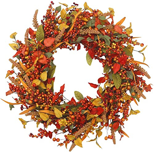 Autumn Wreath for Front Door, Fall Harvest Wreath with Berries and Maple Leaves, Autumn Harvest with Berries and Maple Leaves, for Autumn Halloween Thanksgiving Wall Decoration Table Party (35CM)