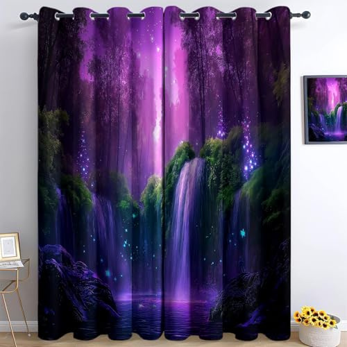 Fantasie Lila Dschungel Design Blickdichte Vorhänge H215 x B110 cm (2er Set), Lila für das Standard-Schlafzimmer in Grün