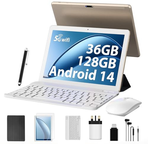 FLYCOAY Tablet 10 Inch Newest Android 14, Octa-Core 2.0GHz, 5G WIFI 6, 36GB RAM+128GB ROM (TF 1TB), Dual Camera, 8000mAh Battery/Widevine L1/Tablet With Keyboard, Case(Gold)