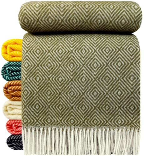 STTS International Wolldecke 100% Schurwolle Wohndecke 140 x 200 cm Tagesdecke Schurwolldecke Woll-Plaid Tirol M/V in vielen Farben erhältlich (Olive (V))