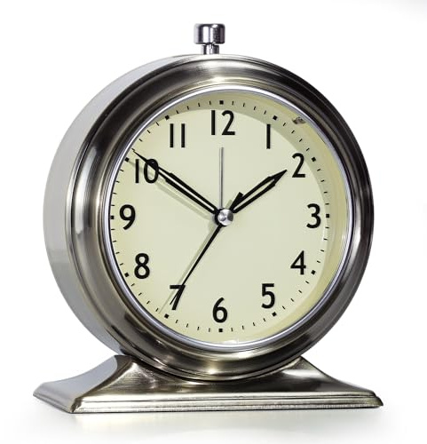 AYRELY® 4 Inch Small Analogue Alarm Clock – Silent Battery Operated Vintage Desk Clock with Night Light, Metal Table Clock for Home, Bedroom, Shelf(Glod)