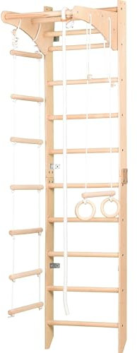 Parete fitness indoor per la casa – parete a pioli con schienale, corda da arrampicata, anelli da ginnastica e scala per tutta la famiglia (SPR C).