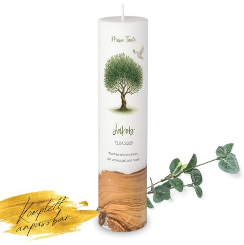MOMENTU® Taufkerze personalisiert Holzelement Lebensbaum Ø6 x 25 cm - [Docht] Taufgeschenk für Jungen Mädchen, Taube mit Zweig, Olivenbaum, Bonsai, Blätter, selber machen gestalten, Taufsymbol