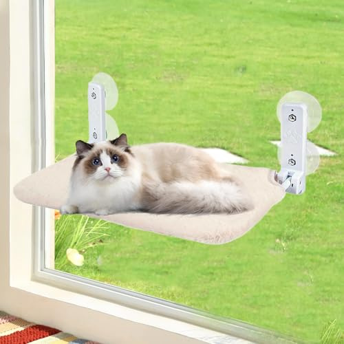 QINGYIWL Katzen Fensterliege, 52 x 30 cm Katzenbett Fenster mit 4 Starken Saugnäpfen, Fensterbank Katzenliege mit verstärktem Stahlrahmen Bis zu 20kg