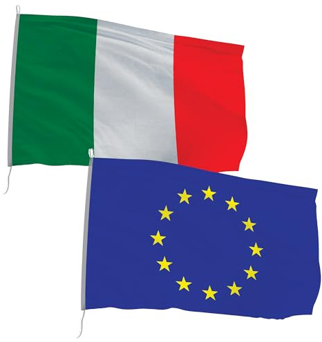 Set 2 bandiere Italia e Europa 100 x 150 cm in Poliestere Nautico Ignifugo 115 g/mq per Uso Interno ed Esterno con Finiture Professionali, Doppie Cuciture, Corda e Guaina, Colori Brillanti e Duraturi