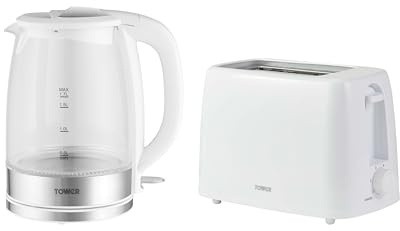 Tower Presto Kitchen Set, 1.7L Illuminating Glass Kettle, 2 Slice Toaster with 6 Browning Levels, White, PT10090WHT & PT20087WHT