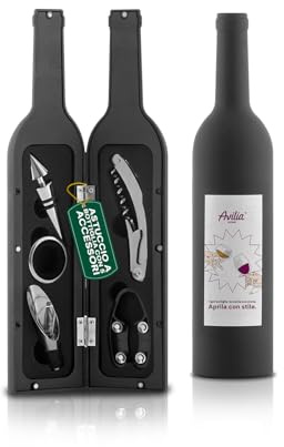 Avilia Set Accessori Vino 5 Pezzi in Acciaio Inox 304 - Cavatappi Ergonomico, Apribottiglie, Versatore, Tappo Salvafreschezza, Anello Antigoccia, Astuccio - Idea Regalo Uomo Sommelier, Regalo Vino