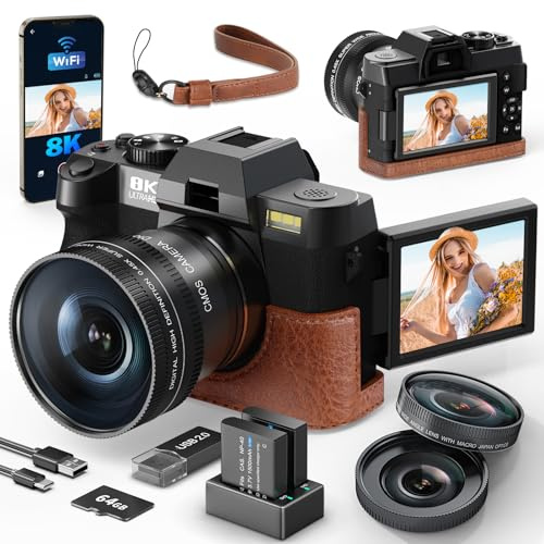 8K&64MP Digital Camera for Photography & Video, 16X Zoom, WiFi, 180° Flip Screen, Autofocus, Anti-Shake, Wide-Angle & Macro Lens, Built-In Fill Light, Webcam Mode, PU Leather Case (Black)