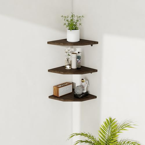 ZLLkeji Eckregal hängend 3er Set, Wandregal Ecke Holz zur Aufbewahrung, Eckregal Küche Wohnzimmer Schlafzimmer, Platzsparend & Stabil für Hausfrauen & Ordnungsliebhaber (Vintage-Braun)