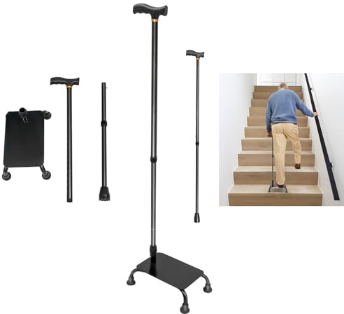 Fridgestea Treppensteighilfe Gehstock Vierfußgehstock mit Trittfläche für halbe Stufen – höhenverstellbar 85-105cm, max. 150kg, Alu+Eisen, als Treppensteighilfe für Senioren & Arthritis-Patienten