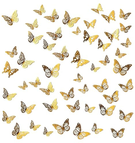 JOVYTH Adesivi Murali Farfalle 3D Oro, 48 Pezzi (4 Stili), Effetto Specchio. Decorazioni Eleganti per Casa, Feste, Compleanni, Matrimoni, Camerette.
