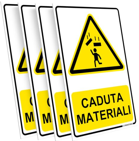 PRINTIMA 21x32 cm set 4x cartello pittogramma Caduta materiali, segnale di avviso con simbolo pericolo e testo, con set di montaggio incluso per uso su parete, porta e cantiere