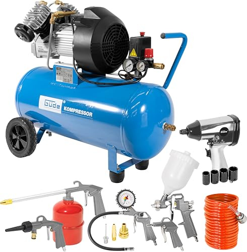 Güde 400/10/50 DG 15-tlg. Kompressor-Set - 230 Volt, 50 Liter Kessel, 2,2 Kilowatt, max. Druck 10 bar, eff. Liefermenge bei 0 bar 303 l/min, ölgeschmiert, 2-Zylinder, inklusive 14-tlg. Zubehör-Set