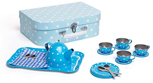 Bigjigs Toys Blau-weiß gepunktetes Teeservice