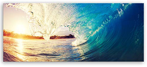 ge Bildet Bild auf Leinwand | the Wave - Welle Surfen Wasser Sonnenuntergang blau gelb orange S in 100x40 cm als Panorama Wandbild | Wand-deko Dekoration Wohnung modern Bilder | 2213