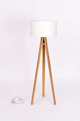 Ragaba Wanda Tripod Lámpara de pie de madera con pantalla textil en blanco - Estilo escandinavo - Lámpara de pie estable para pasillo, dormitorio, salón, comedor: altura: 140 cm - 5 colores