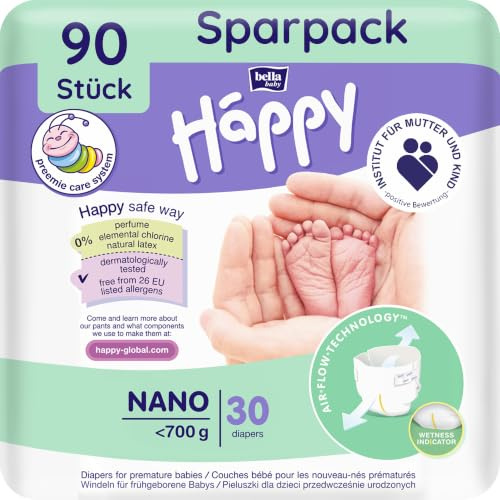bella baby Happy Frühchen Windeln Größe Nano – für Frühgeborene unter 700 g – dermatologisch getestet, parfümfrei – 3 x 30 Stück (90 Windeln)