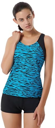 LULUWINGX Women Tankini Swimwear Two Pieces Racerback Bathing Suit Athletic Swimsuit with Boyshorts Wave Black (Medium)