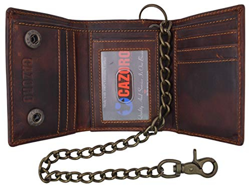 CAZORO RFID Blocking Men's Tri-fold Vintage Leather Biker Chain Wallet With Snap Closure