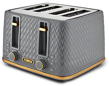 Tower T20061GRY Empire 4-Slice Toaster with Defrost/Reheat, Removable Crumb Trays, 1600W, Grey and Brass