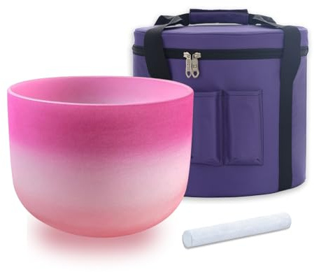 KVKA 10 Inch F Note Heart Chakra Rainbow Quartz Frosted Crystal Singing Bowl with Carrying Case for Sound Healing Yoga Bath