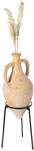 Antique Style Floor Vase, Old Fashioned Style Magnificent Amphora, Decorative Large Tall Vase with Intricate Detailing, Unique Beige Vase on Slim Black Metal Tripod Stand, 21-Inch-Tall