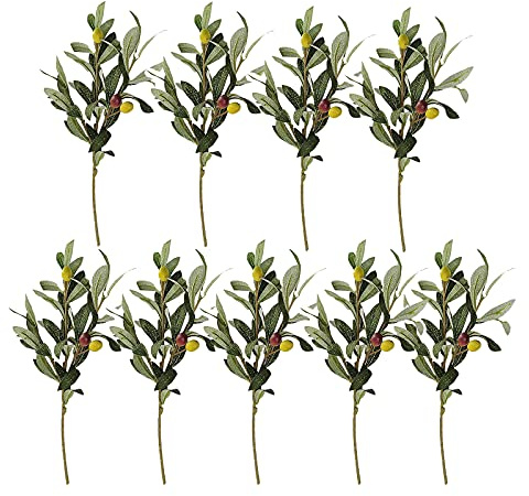 HUIKJI 9 ramas artificiales de hojas de olivo, plantas artificiales de oliva verde, ramas de flores falsas ramas de frutas para decoración en el hogar, oficina, boda