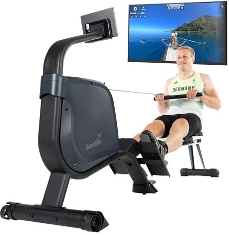 Skandika Rudergerät Njord | Ruderergometer mit 16 Stufen, klappbar, Studioqualität, 8 kg Schwungmassensystem, max. 180 kg, Lange Laufschiene, Kinomap, Bluetooth, | Fitnessgerät für Zuhause