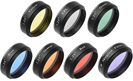 Camnoon 1,25 Zoll 7 Stück Teleskop-Okular-Filter-Set Mond- und Himmelsleuchten-Filter CPL-Filter Rot Orange Gelb Grün Blau Farbfilter für Teleskop Okular die Mondbeobachtung
