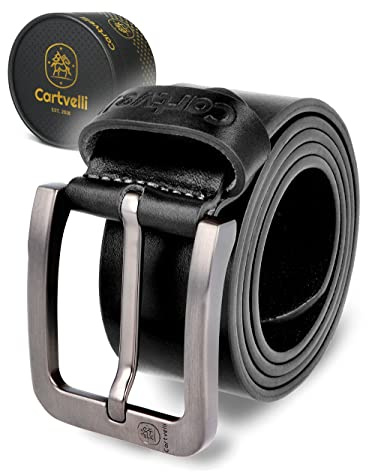 Cartvelli Premium läderbälte för män med presentförpackning – äkta läder herrbälte 40 mm kan förkortas för jeans chinos kostym och byxor, svart, 105