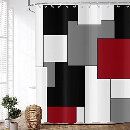 ASDCXZ Duschvorhang, Rot, 180 x 200 cm, abstrakte Geometrie modern, Rot, Schwarz, Grau, Weiß, Stoff, wasserdicht, für Badewanne, mit 12 Haken