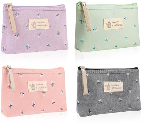 Newofview 4 Stück Kleine Kosmetiktasche Aus Segeltuch, Canvas Münztasche, Multifunktionale Makeup Tasche, Tragbare Kulturbeutel Für Damen, 17×11.5×4cm